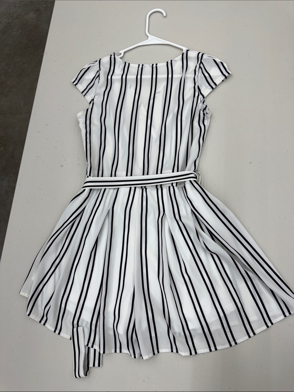 Girls' White & Black Stripe Wrap Romper Dress with Belt w/shorts - Picture 3 of 5